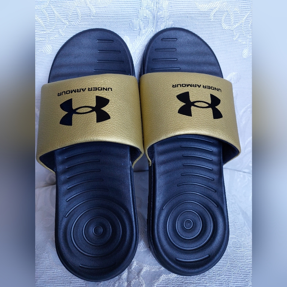 Under Armour Deep Gold Color Slides. Size 8